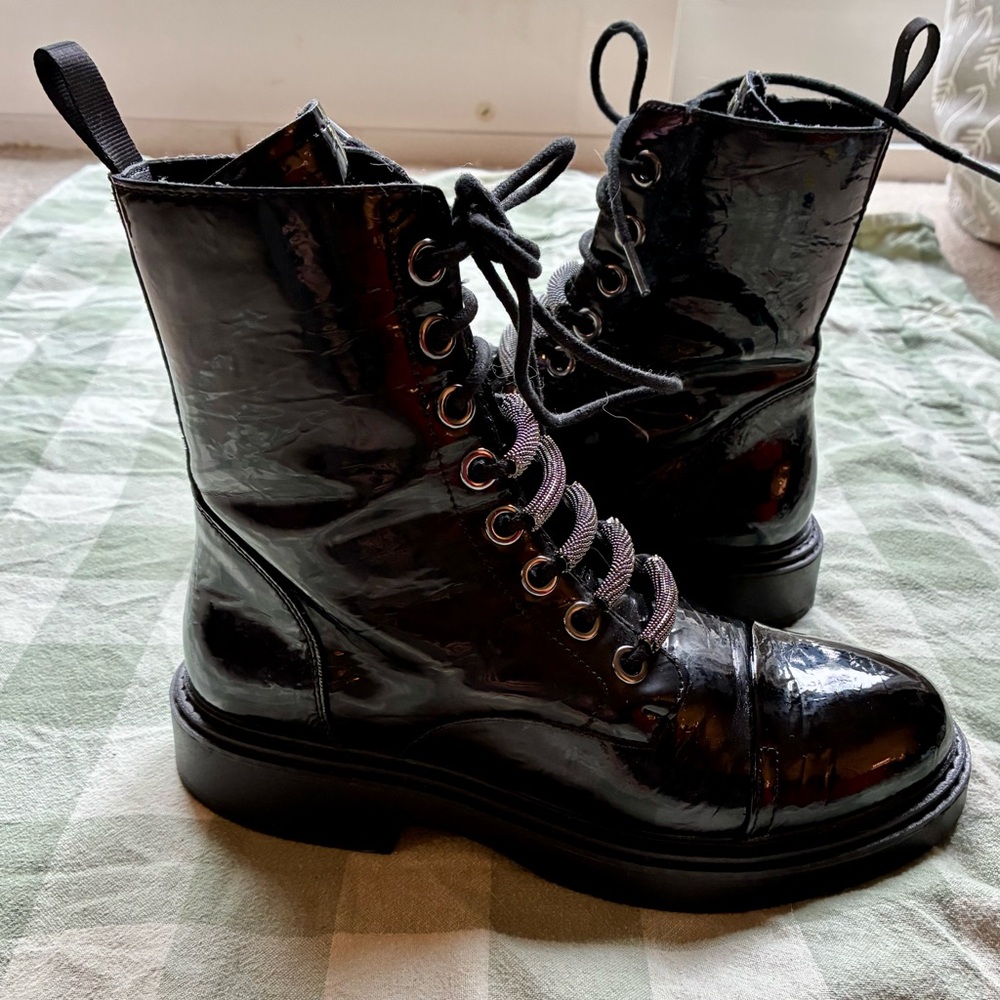 DKNY Black Patent Lace-Up Combat Boots Side Zip Moto Biker Goth Punk Grunge 7M